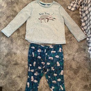 A sloth pajama set fuzzy top with long pants brand is secret treasures sleepwear